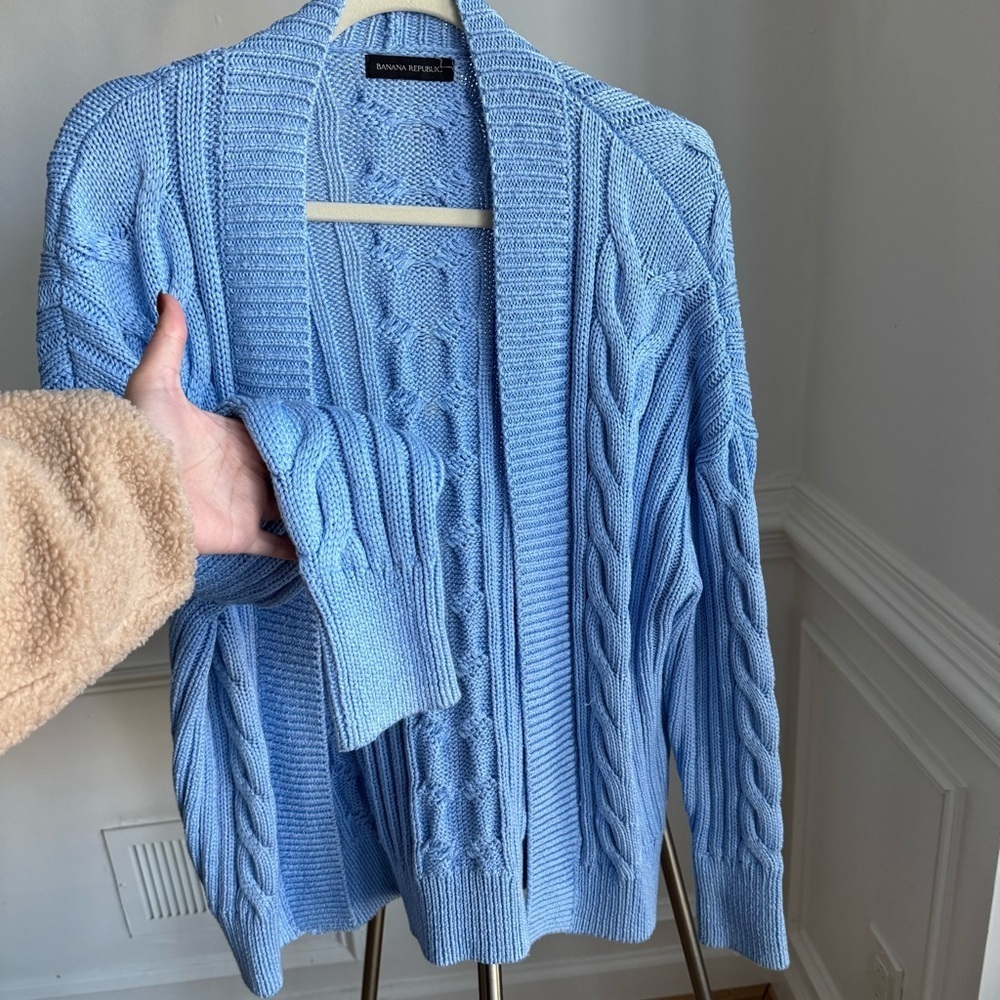 Banana Republic Blue Chunky Cable Knit Women's Cardigan Sweater Small Petite - Picture 7 of 8